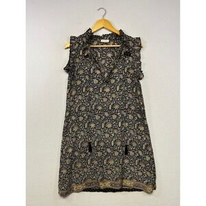 Boho Paani Womens Small Black Gold Floral Paisley Ruffle Tassel Mini Shift Dress